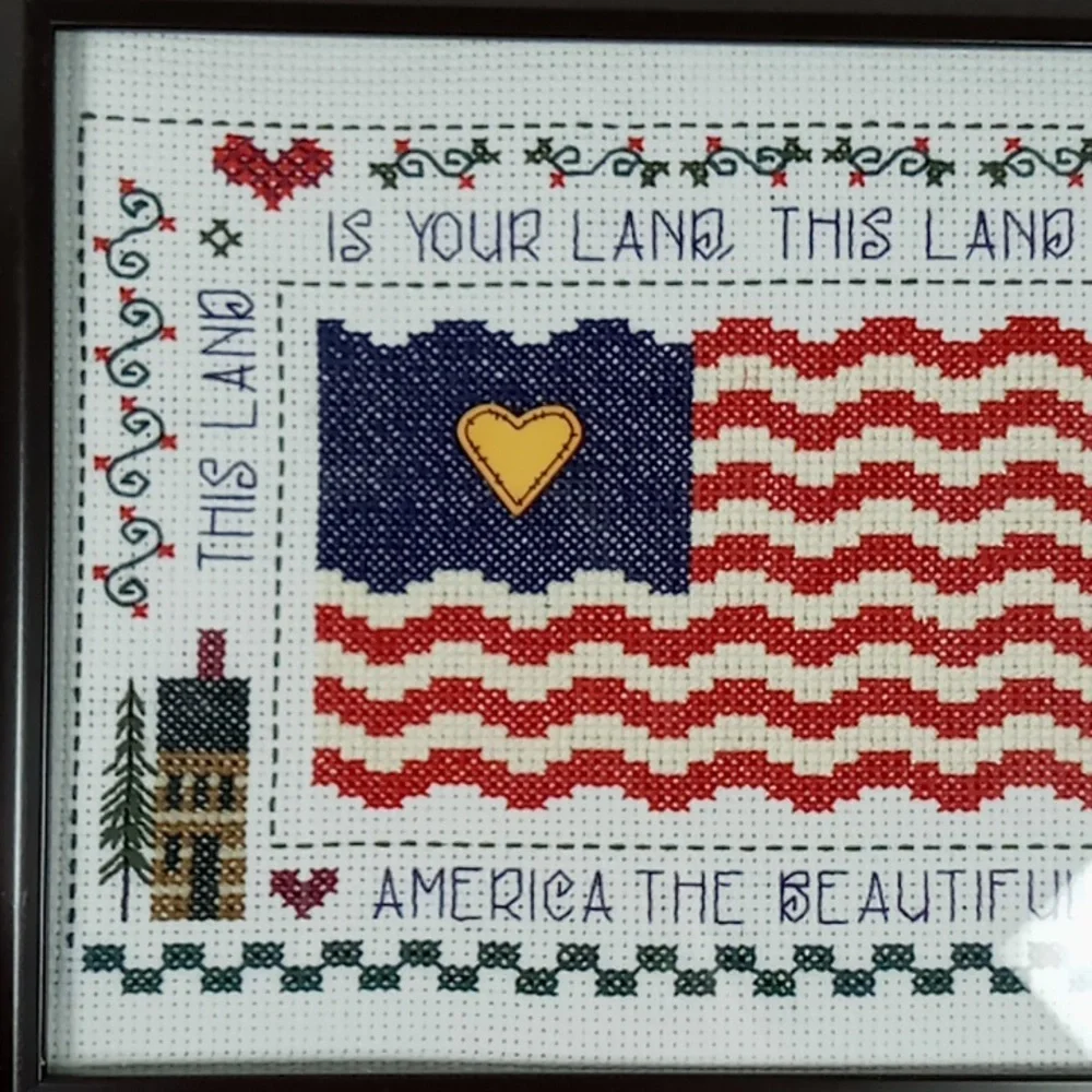 Vintage Framed Cross Stitch "America The Beautiful" American Flag Patriotic - Picture 6 of 13